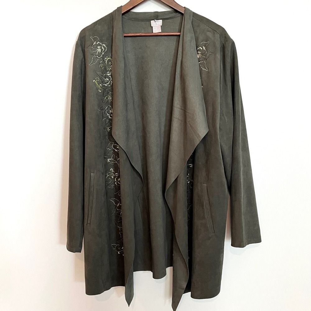Chicos Faux Suede Embroidered Open Front Duster Jacket Olive Green Floral 4(XXL)